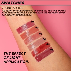 Glossy liquid lip gloss swatches in six shades on arm for glossy texture and shine