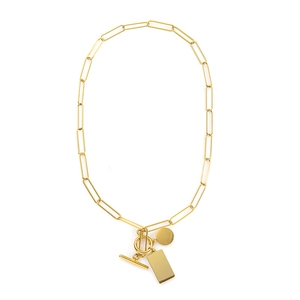 Gold stainless steel paperclip chain necklace with OT toggle clasp and square round tags