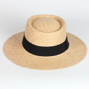 Classic French flat top straw boater hat with black ribbon for summer beach sun protection