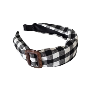 Serre-tête rétro à carreaux noir et blanc avec boucle marron pour femme