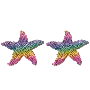 Sparkling starfish drop earrings with rainbow pavé crystals on a silver needle post
