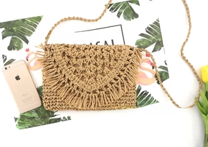 Detail of beige straw crossbody bag with fringe trim next to a smartphone for size reference