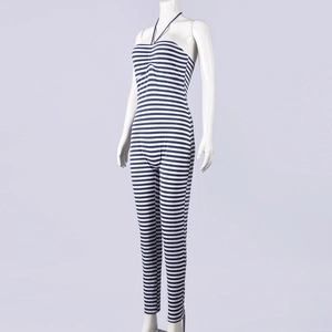 Detailed view of blue and white striped halter neck slim fit jumpsuit on a mannequin