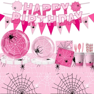 Pink and black spider theme birthday party tableware set with plates, cups and banner
