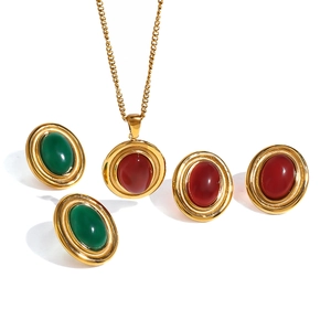 French vintage 18k gold plated stainless steel necklace and red agate earring set