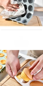 Detail showing the flexible silicone muffin pan with 12 cups for easy release of cakes