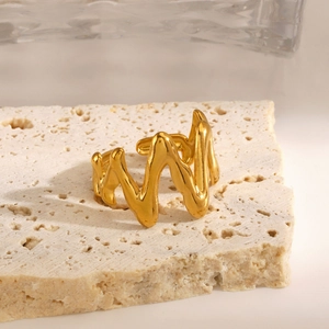 18K gold plated stainless steel irregular wave ring with a modern minimalist open design