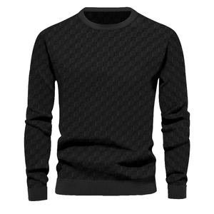 Men's black crewneck knit sweater featuring a premium textured honeycomb jacquard pattern