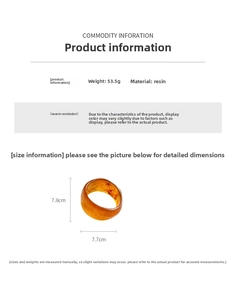 Detail view of amber resin bangle showing dimensions of 7.8cm by 7.7cm and 53.5g weight