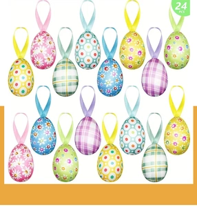 Close-up of 24 pieces Easter hanging eggs with floral, plaid, and polka dot patterns