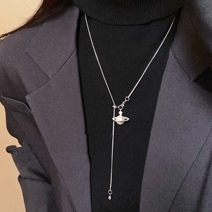 Collier Pendentif Planète Saturne Longue Chaîne En Y Alliage Zircon Künstliche Perle D'Imitation Bijoux Mode Pour Femmes Élégant