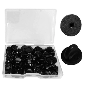 Set of black rubber pin backs for brooches with a clear plastic storage case