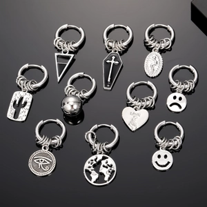 Stainless Steel Hoop Pendant Earrings Smile Sad Face Eye Of Horus Coffin Cross Globe Heart Cactus Punk Gothic Retro Unisex