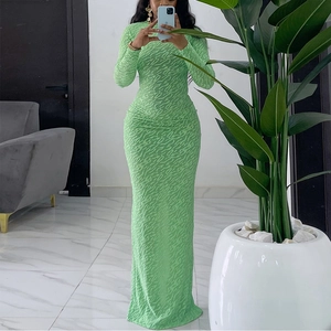Damen Langarm Maxi Kleid Texturiert Beflockt Eng Anliegend Rundhals Bodenlang Bodycon Boho Vintage Stil