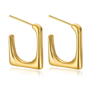 Macro detail of polished gold square U-shaped earrings with minimalist geometric lines