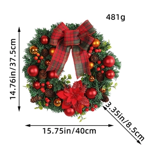 Christmas wreath with red bows, pine cones and flowers, dimensions 40cm by 37.5cm