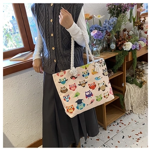 Canvas tote bag with colorful oil painting owl print and white cotton rope handles