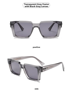 Detailed front and side views of transparent gray square sunglasses with dark lenses