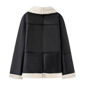 Black faux shearling biker jacket for women featuring contrast cream wool lining and back view