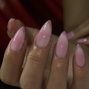 Pink Gradient Blush Almond Shape Press On Nails With Fine Glitter Glossy Short Fake Nails For Women Daily Fashion Decorative