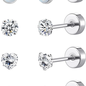 Surgical stainless steel stud earring set with round and heart zirconia in silver finish