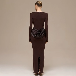 Deep brown long sleeve maxi dress with elegant back drape and split hem view