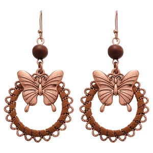 Bohemian wood bead and bronze butterfly drop earrings with brown velvet circle pendant