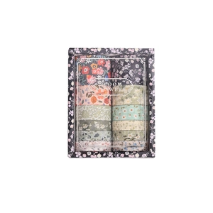 Vintage floral washi tape set with 12 rolls of botanical patterns in a black window gift box