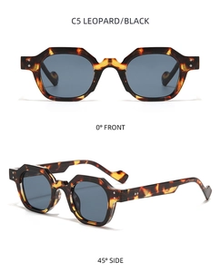 Retro polygon sunglasses in leopard print and black finish showing front and side views