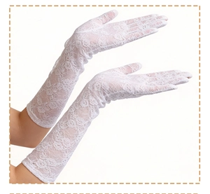 Detail of elegant white floral lace pattern on long bridal gloves for weddings