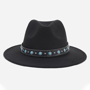 Western Cowboy Fedora Hat Woolen Felt With Ethnic Woven Band Turquoise Bull Head Retro Jazz Style For Men Women