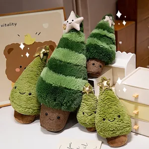 Christmas tree plush toy collection with embroidered smiley faces and yellow stars