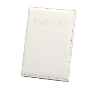 Minimalist white PU leather passport cover with embossed lettering and stitching