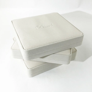 Minimalist cream velvet jewelry box for pearl necklaces and earrings with logo