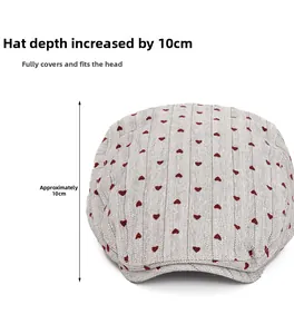 Flat cap detail showing grey twill fabric with red heart pattern and 10cm depth design