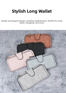 Long women's buckled wallets in brown, black, pink, blue, and grey matte leather finish