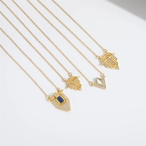 Vintage Roman flag pendant necklace in gold finish with blue and white zircon accents