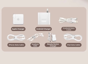 Various white charging cables and power adapters for phones and electronics