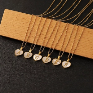 18k gold plated stainless steel heart necklaces with white mother of pearl alphabet pendants