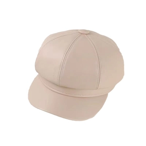 Classic beige PU leather baker boy newsboy cap with octagonal crown design for women