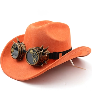 Steampunk Cowboy Hat With Goggles Gear Spikes Suede Wide Brim Cosplay Party Retro Unisex