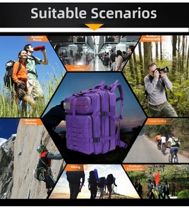 Detail view of purple tactical backpack with MOLLE system and multiple storage compartments