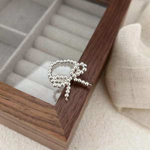 Minimalist 925 sterling silver beaded open ring with a delicate bowknot design