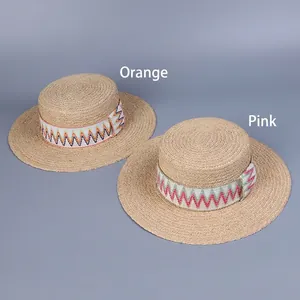 Flat top raffia boater hat with zigzag embroidery for summer sun protection