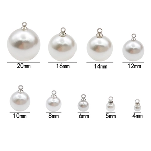Detailed size comparison of white faux pearl charms from 20mm to 4mm with silver metal loops