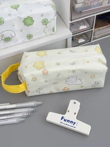 Close-up of cute rabbit printed waterproof PVC pencil case with yellow handle