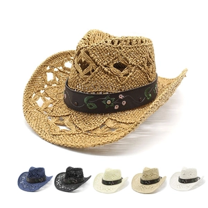 Western Cowboy Straw Hat Hollow Woven Sun Protection Summer Beach Wide Brim Floral Embroidery Belt Rivets Vintage For Women Men