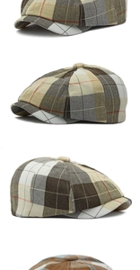 Détails de la casquette gavroche vintage montrant les textures et motifs à carreaux