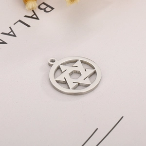 Polished stainless steel Star of David hollow circular pendant with roman numeral details