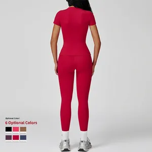 Slim fit red yoga set including short sleeve top and high waist leggings for women